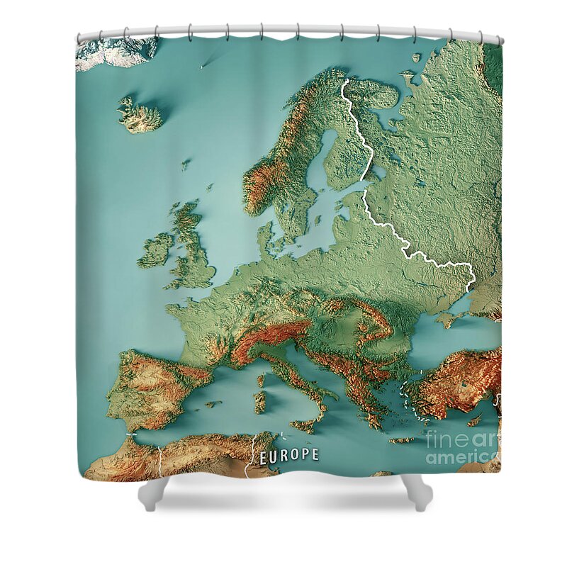 Europe Shower Curtain featuring the digital art Europe 3D Render Topographic Map Color Border by Frank Ramspott