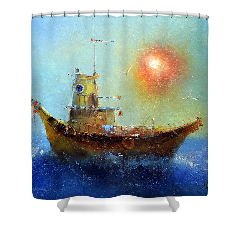Russian Artists New Wave Shower Curtain featuring the painting Evening Boat by Igor Medvedev