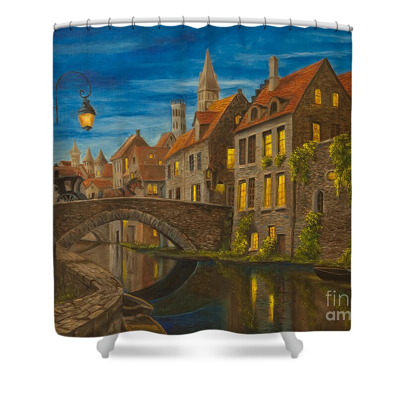 Bruges Belgium Art Shower Curtain featuring the painting Evening in Brugge by Charlotte Blanchard