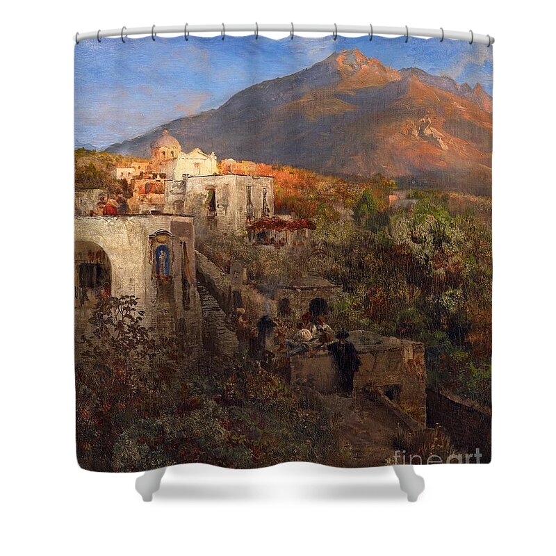 Oswald Achenbach Shower Curtain featuring the painting Evening In Ischia With View On The Monte Epomeo by MotionAge Designs