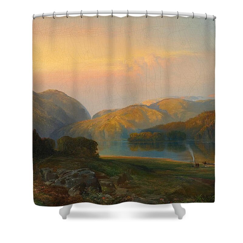 Thomas Moran Shower Curtain featuring the painting Evening on the Susquehanna by Thomas Moran