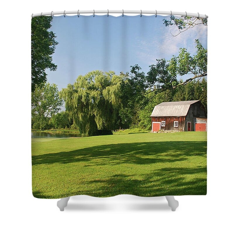 Barn Shower Curtain featuring the photograph Evergreen Trails 7525 by Guy Whiteley