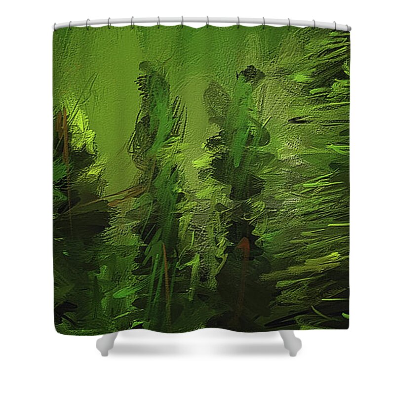 Green Shower Curtain featuring the painting Evergreens - Green Abstract Art by Lourry Legarde