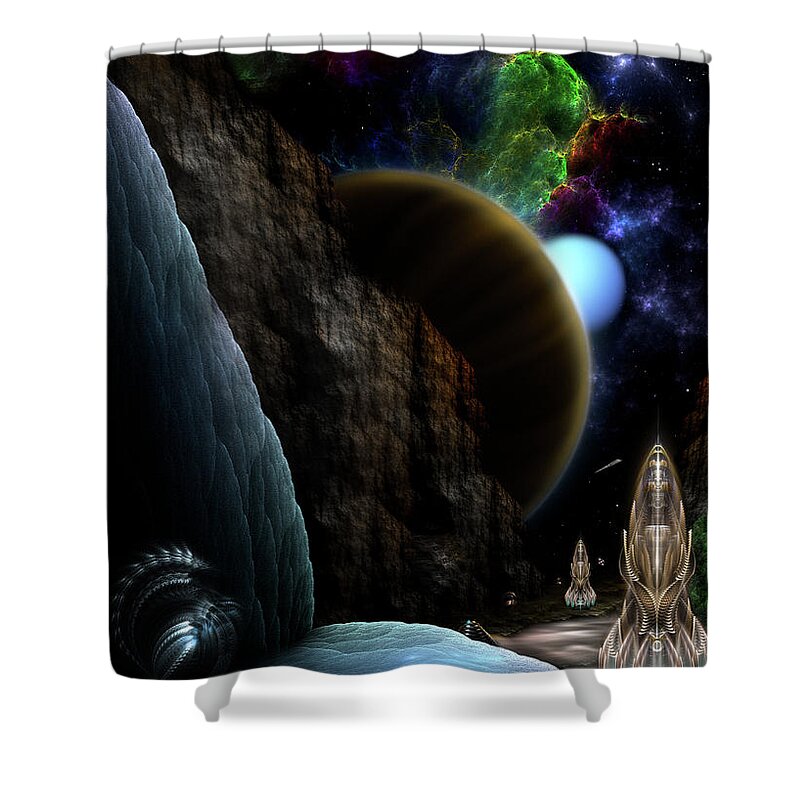 Exploration Of Space Shower Curtain featuring the digital art Exploration Of Space by Rolando Burbon