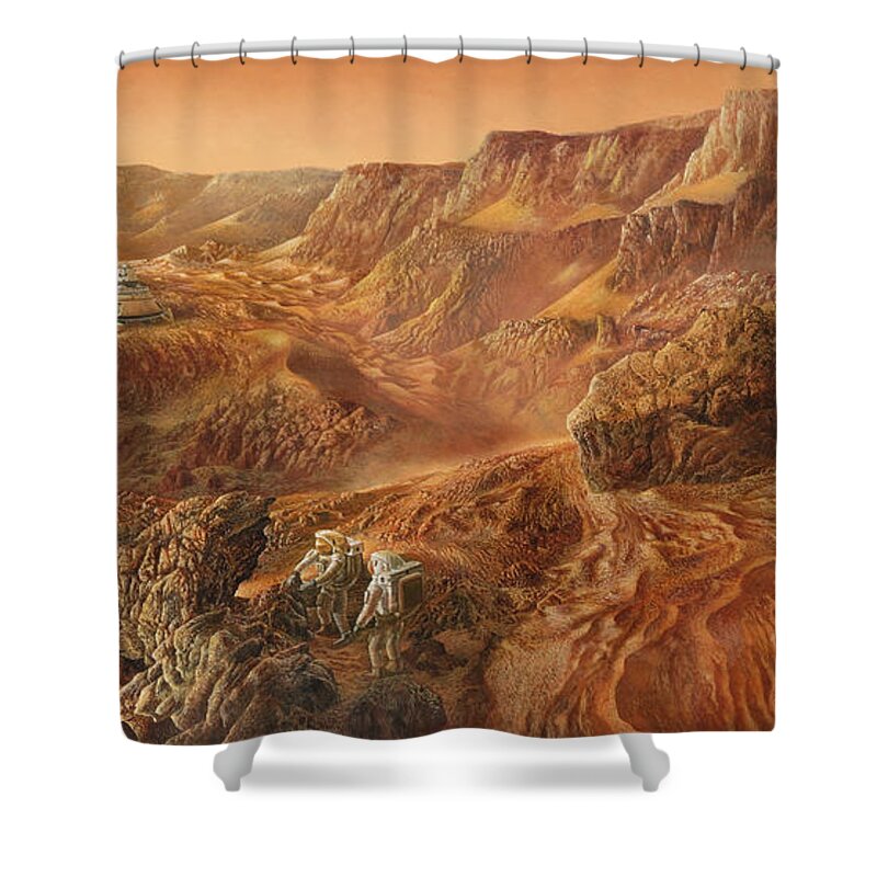 Space Shower Curtain featuring the painting Exploring Mars Nanedi Valles by Don Dixon