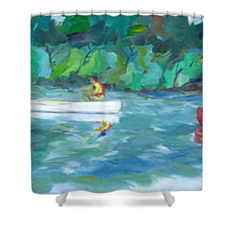 Canoing Shower Curtain featuring the painting Exploring Our River by Naomi Gerrard