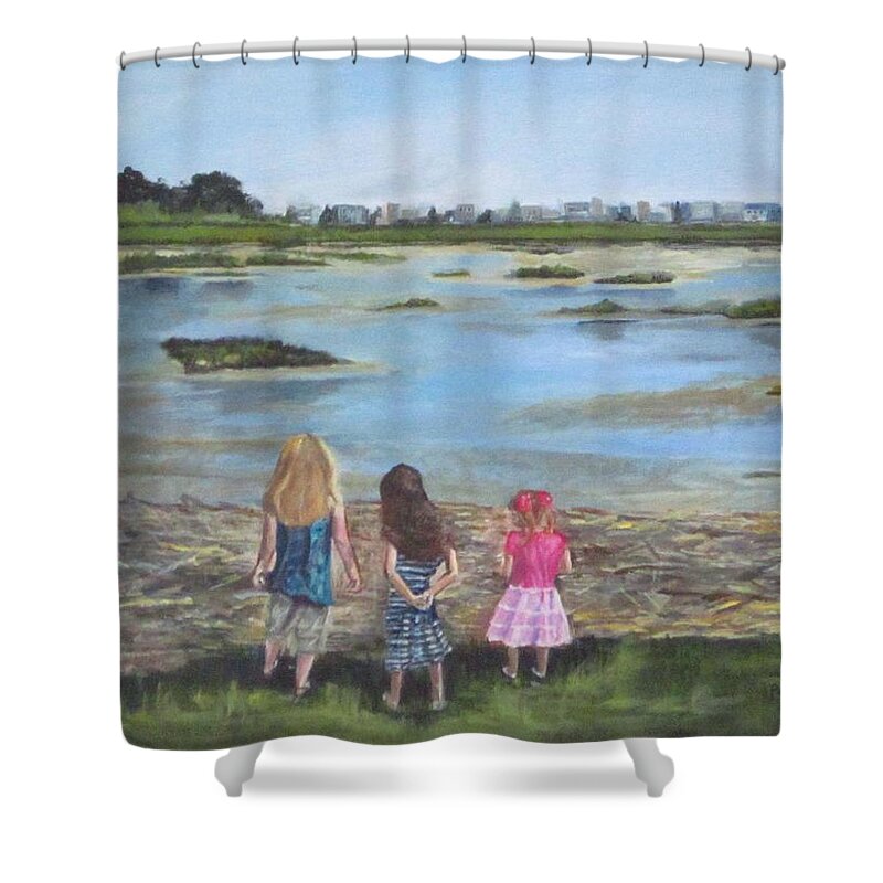 Acrylic Shower Curtain featuring the painting Exploring The Marshes by Paula Pagliughi