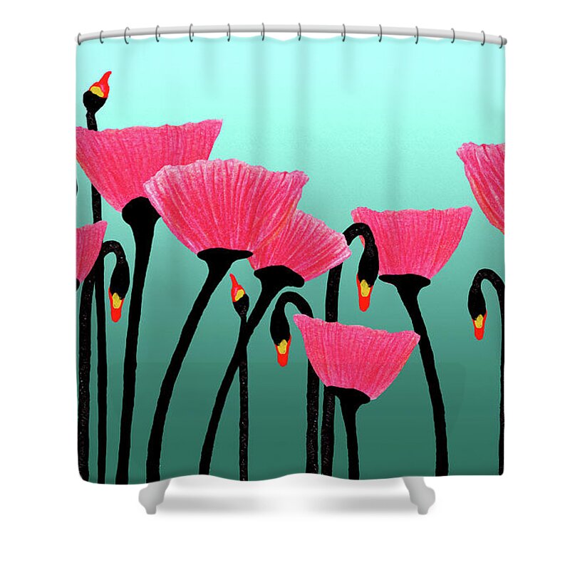 Bloom Shower Curtain featuring the photograph Expressive Red Pink Green Poppy Painting y1a by Ricardos Creations