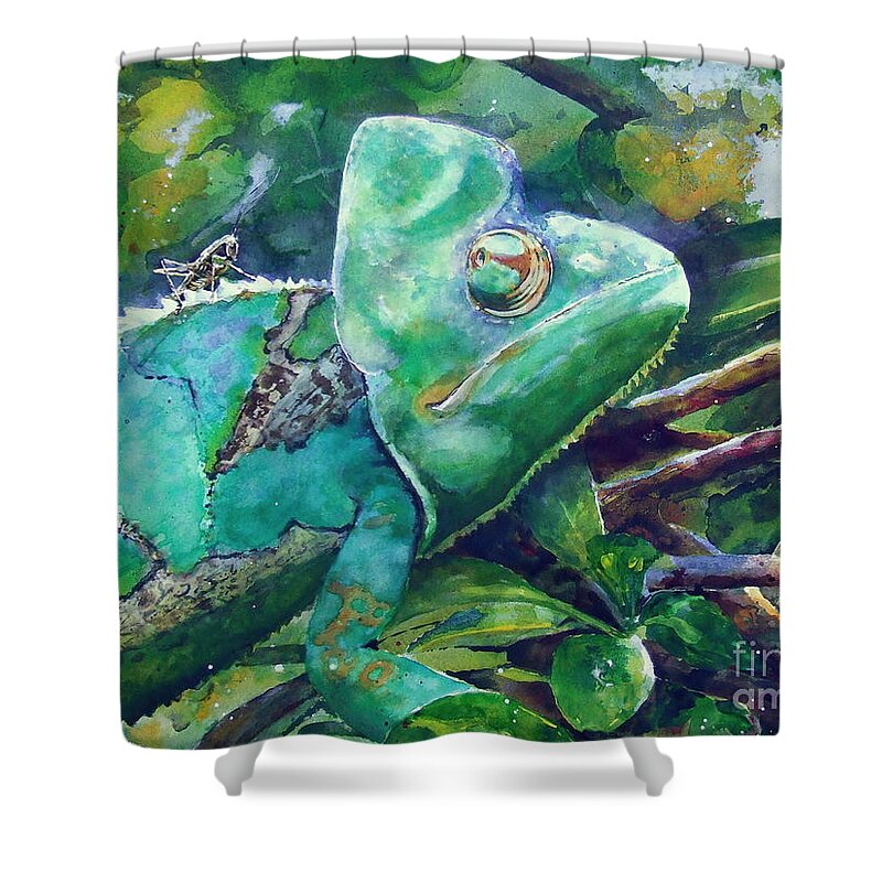 Chameleon Shower Curtain featuring the painting Eye on the Prize by Greg and Linda Halom