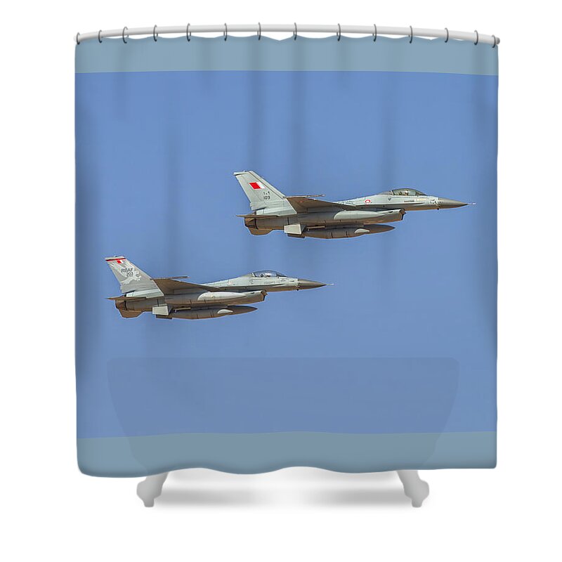 Royal Bahrain Air Force Shower Curtain featuring the photograph F-16 Fighting Falcon at Al Ain Air Show, UAE by Ivan Batinic