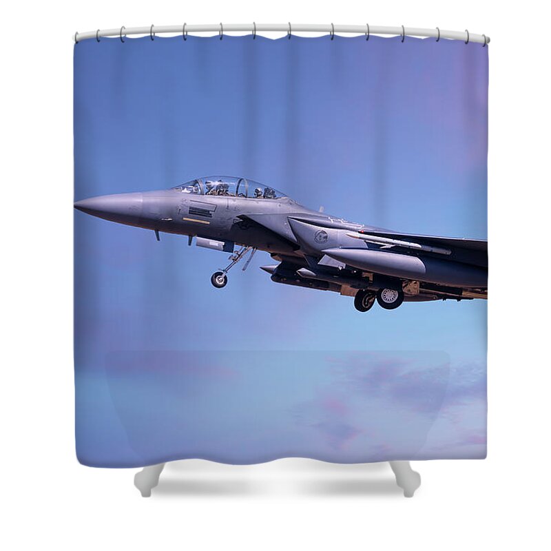 Usaf Shower Curtain featuring the photograph F15 coming into land lowering landing gear by Simon Bratt