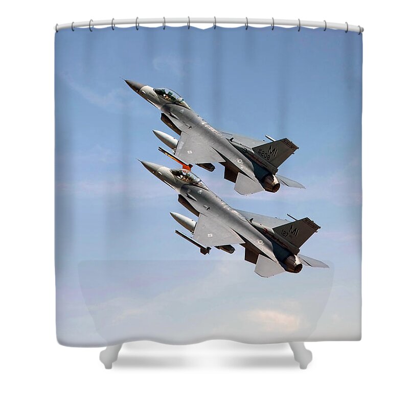 Aircraft Shower Curtain featuring the photograph F16 Still the wild blue beckons by Pat Speirs