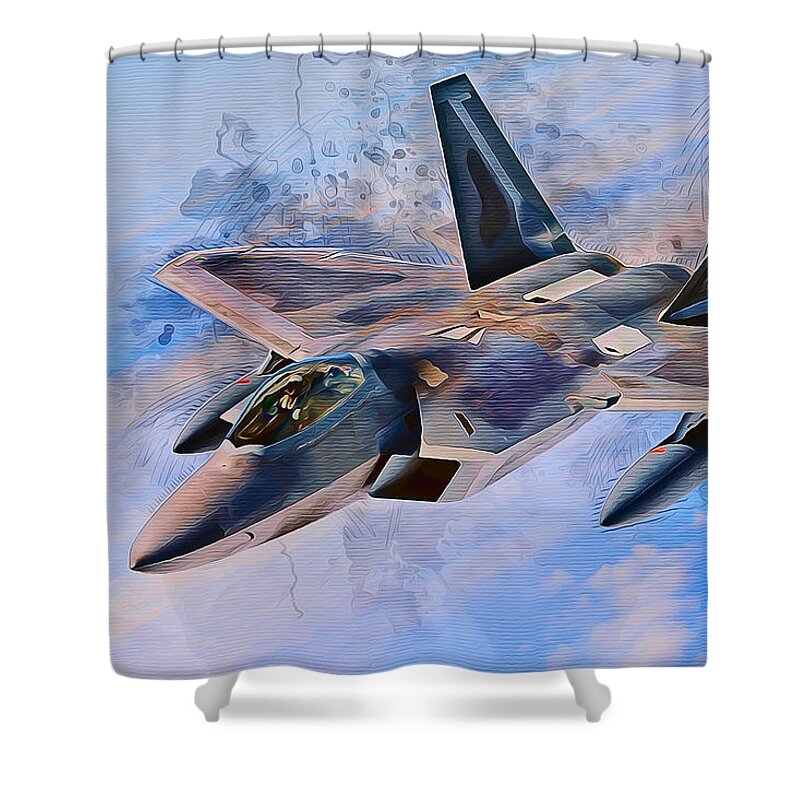 Fighter Shower Curtain featuring the mixed media F22 Raptor by Ian Mitchell