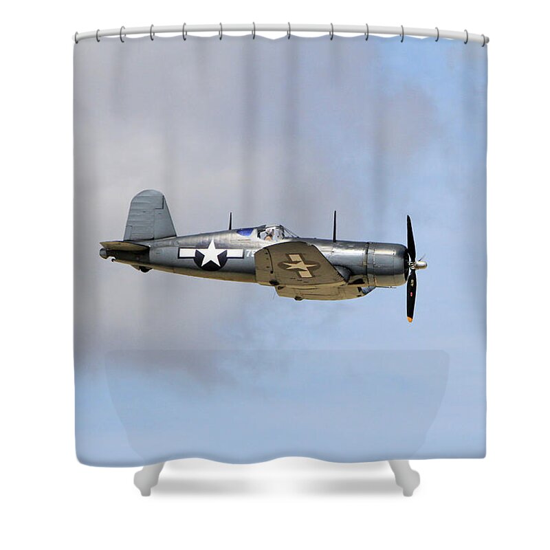 F4u Shower Curtain featuring the photograph F4U Through the Couds by Shoal Hollingsworth