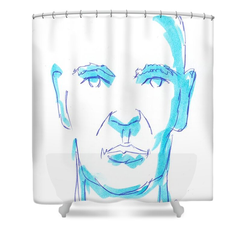 Man Shower Curtain featuring the drawing Face of a man illustration - Blue line drawing by Mike Jory