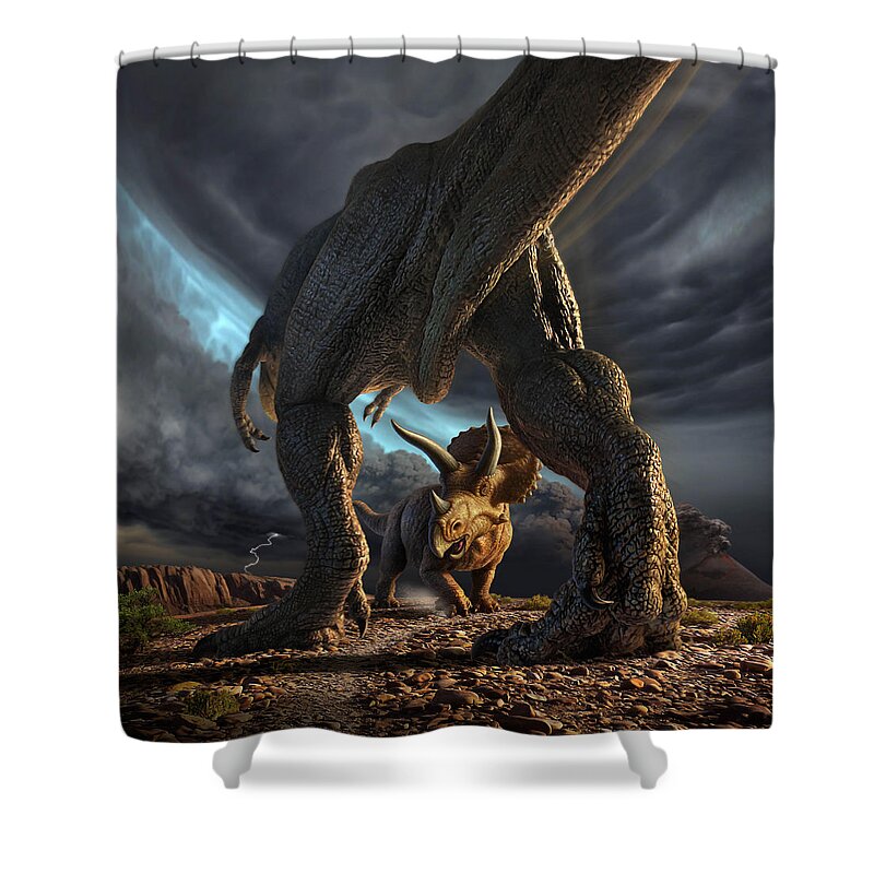 Dinosaur Shower Curtain featuring the digital art Face Off by Jerry LoFaro