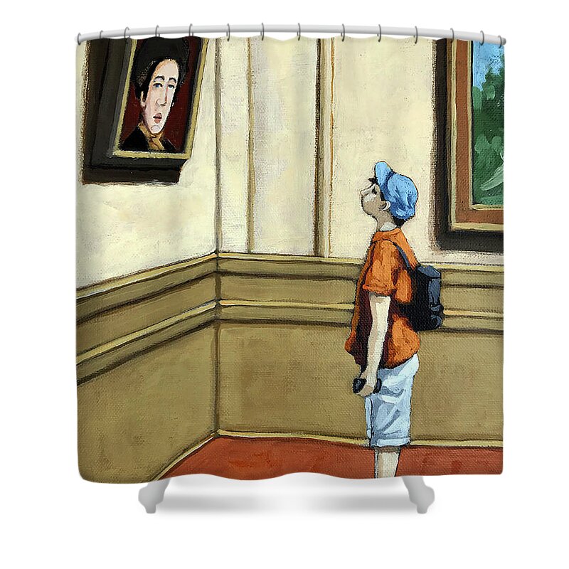 Children Shower Curtain featuring the painting Face to Face - boy viewing art by Linda Apple