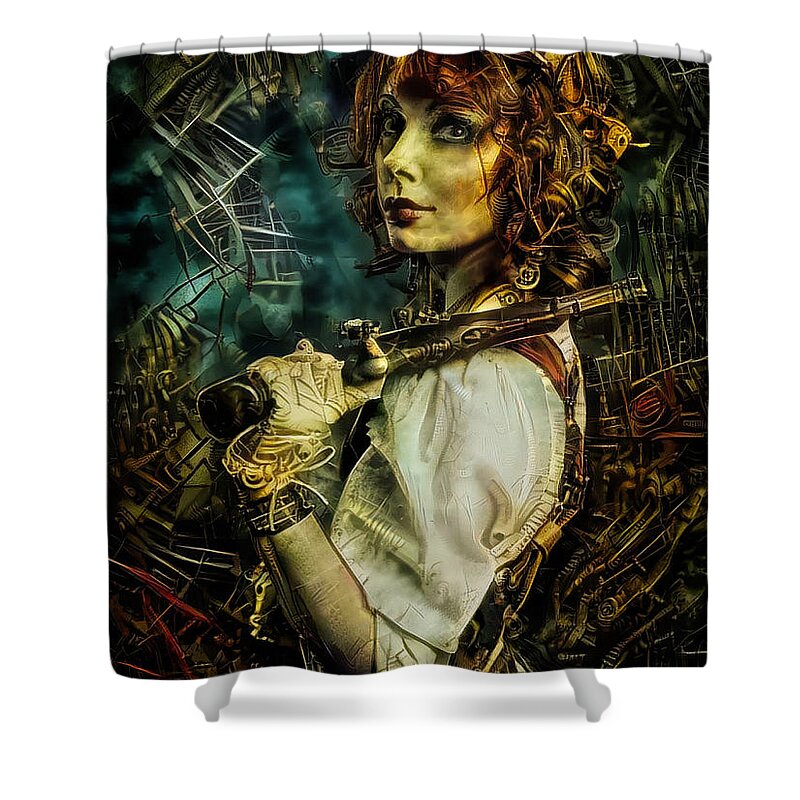 Steampunk Shower Curtain featuring the mixed media Facilitatress by Lilia D