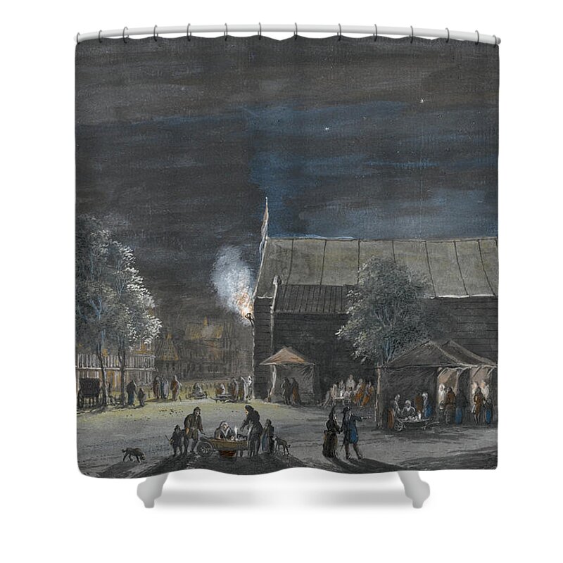 Abraham Rademaker Shower Curtain featuring the drawing Fair on the Boterplein Amsterdam by night by Abraham Rademaker