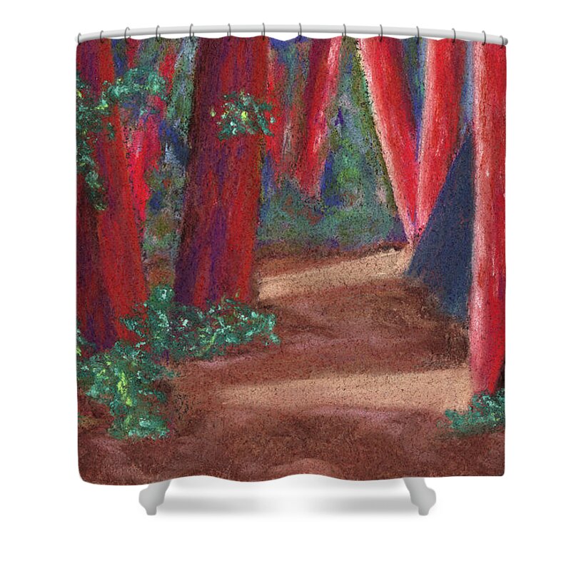 Art Shower Curtain featuring the pastel Fairfax Redwoods by Anne Katzeff