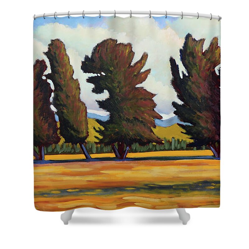 Fairfield Idaho Shower Curtain featuring the painting Fairfield Tree Row by Kevin Hughes