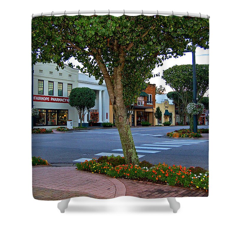 Fairhope Shower Curtain featuring the painting Fairhope Ave with Clock by Michael Thomas