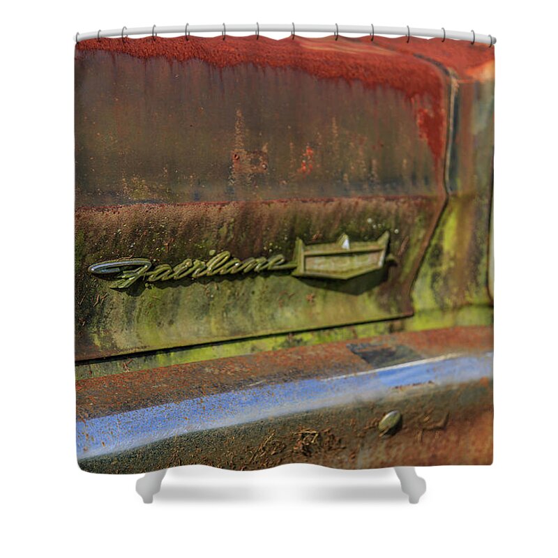 Ford Fairlane Shower Curtain featuring the photograph Fairlane Emblem by Doug Camara