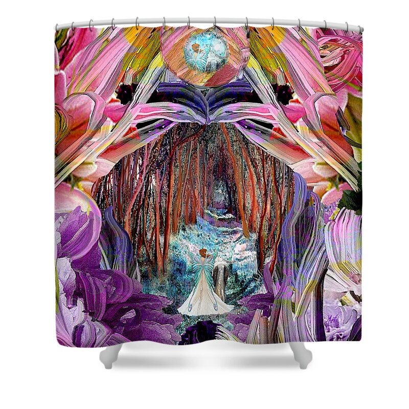 Fantasy Shower Curtain featuring the painting Fairy and Unicorn by Michele Avanti