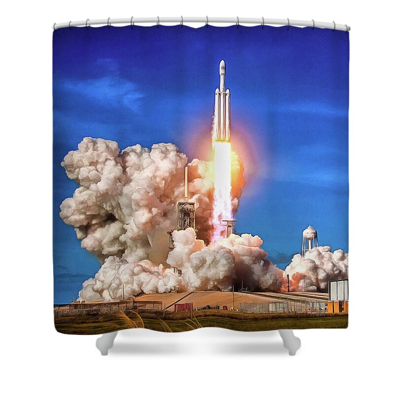 Falcon Heavy Shower Curtain featuring the photograph Falcon Heavy SpaceX rocket launch maiden flight by SpaceX