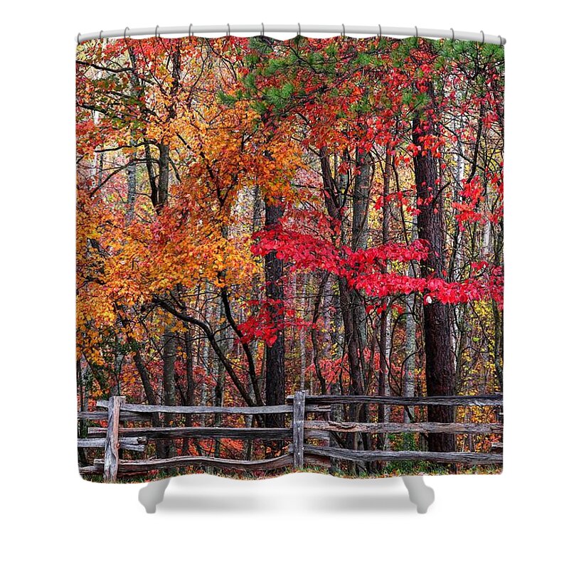 Blue Ridge Parkway Shower Curtain featuring the photograph Fall And The Wood Fence by Carol Montoya