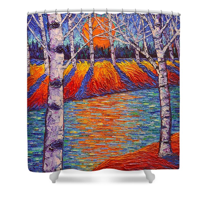 Trees Shower Curtain featuring the painting Fall Birches Sunrise 2 Contemporary Impressionist Palette Knife Oil Painting By Ana Maria Edulescu by Ana Maria Edulescu