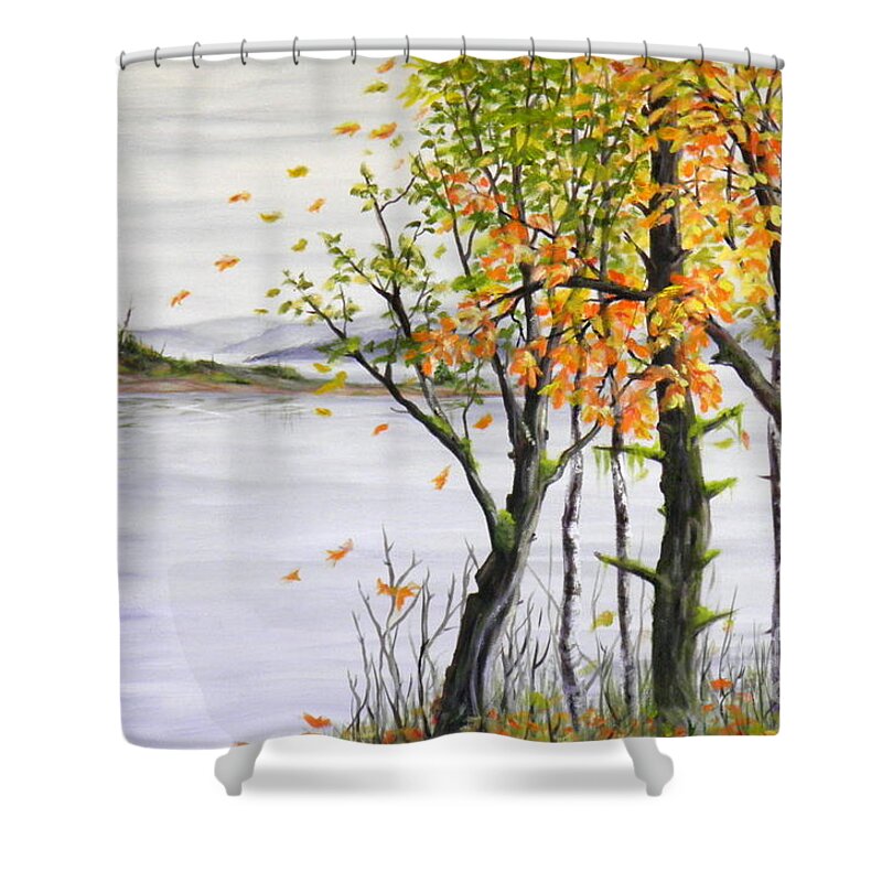 Trees Water Inlet Reflection Wind Leaves Colours Landscape Seascape Sky Clouds Brush Mountains Light Dark Shadow Shade Windy Green Blue White Yellow Orange Brown Red Perspective View Shower Curtain featuring the painting Fall blows in by Ida Eriksen