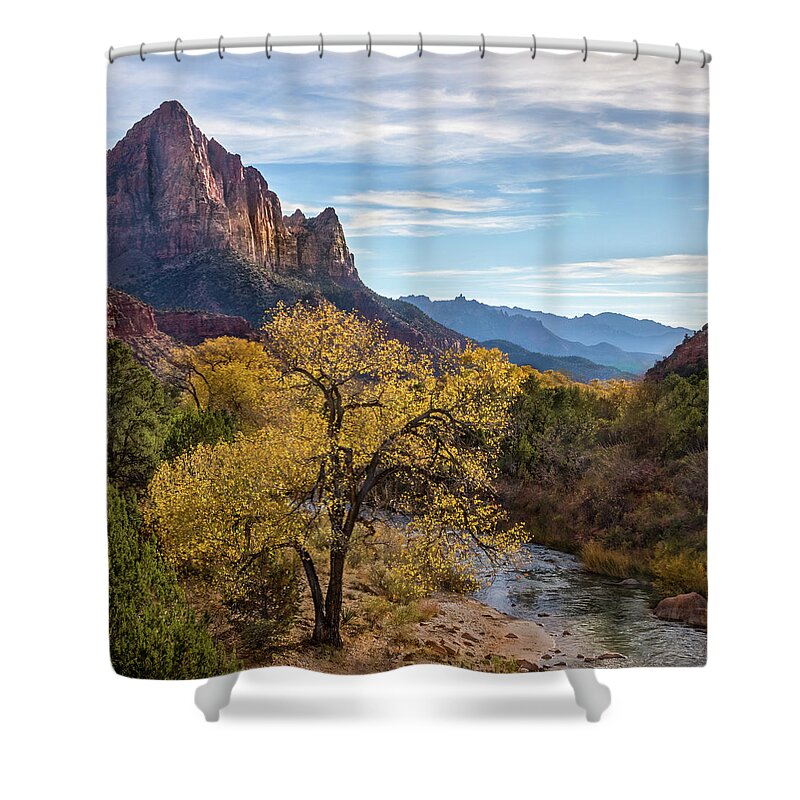 Watchman Tower Shower Curtain featuring the photograph Fall Evening at Zion by James Woody