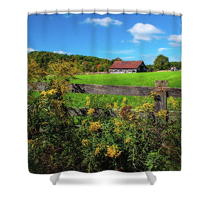 Fence Shower Curtain featuring the photograph Fall Farm by Rebecca Hiatt