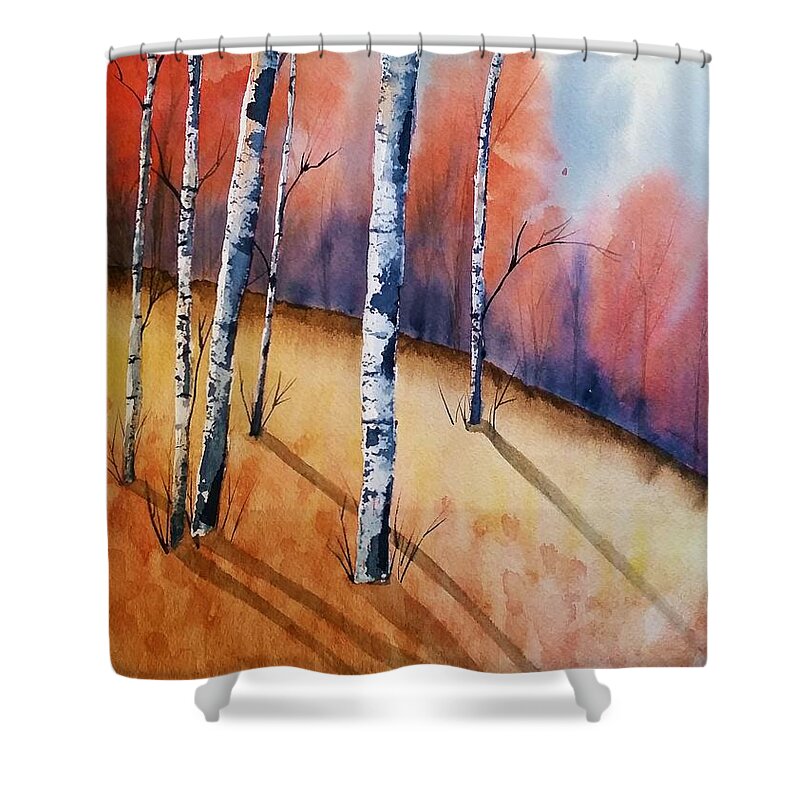 Watercolor Shower Curtain featuring the painting Fall In The Birches by Brenda O'Quin