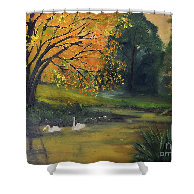 Swan Shower Curtain featuring the painting Fall pond with swans by Meandering Photography