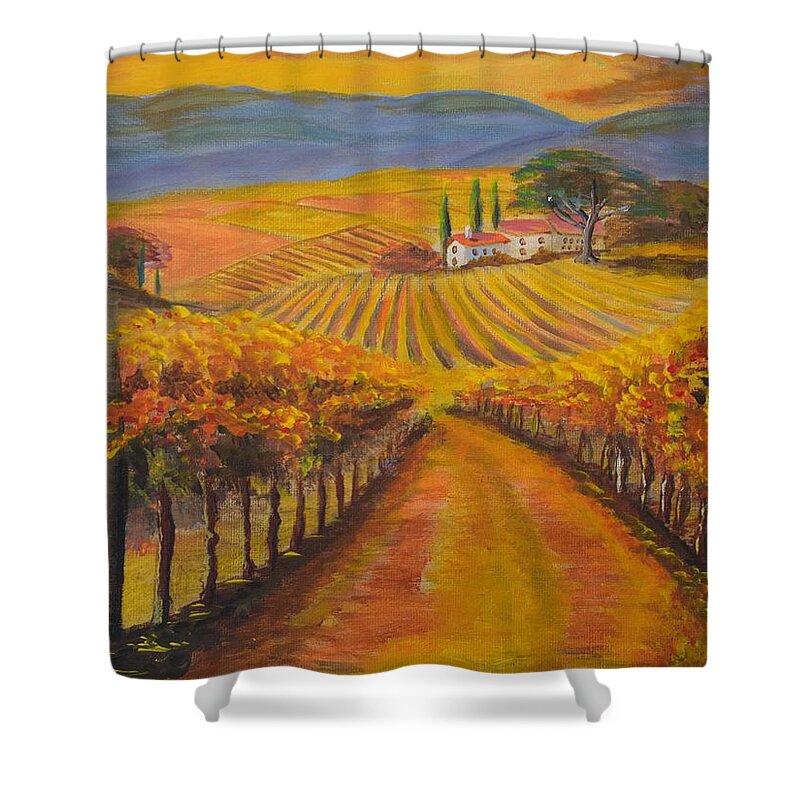 Fall Vineyards Shower Curtain featuring the painting Fall Vineyards by Eric Johansen