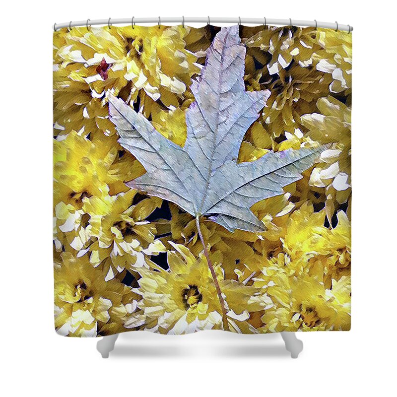 Mums Shower Curtain featuring the photograph Fallen leaf on mums by Steve Karol
