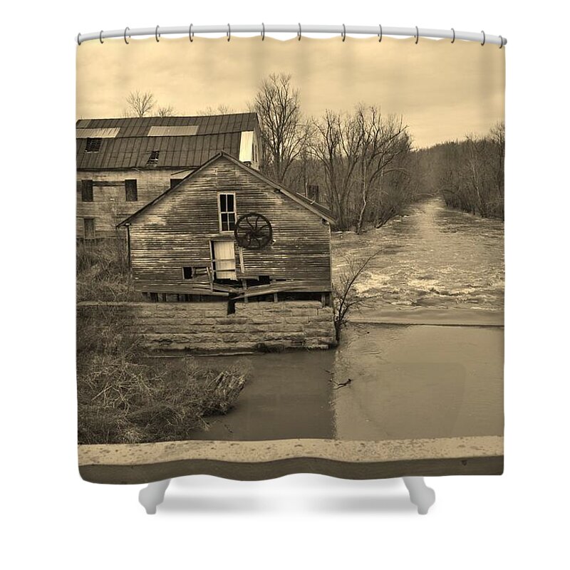Gristmill Shower Curtain featuring the photograph Falls of Rough Abandoned Gristmill by Stacie Siemsen