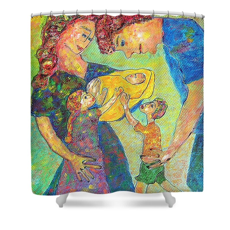 Family Enjoying Each Other Shower Curtain featuring the painting Family Matters by Naomi Gerrard