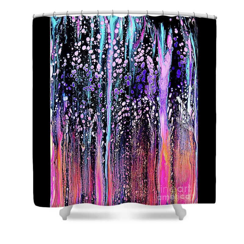 Black Pink Blue Yellow Colorful Etherial Dynamic Mystical Compelling Fun. Shower Curtain featuring the painting Fantasy Forest-1- #2262 by Priscilla Batzell Expressionist Art Studio Gallery