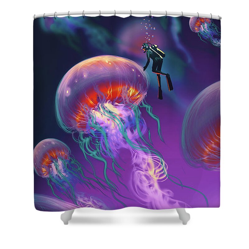 Acrylic Painting Shower Curtain featuring the painting Fantasy Underworld by Tithi Luadthong