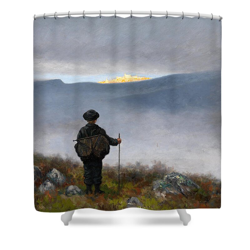 Theodor Kittelsen Shower Curtain featuring the painting Far far away Soria Moria Palace shimmered like Gold by Theodor Kittelsen