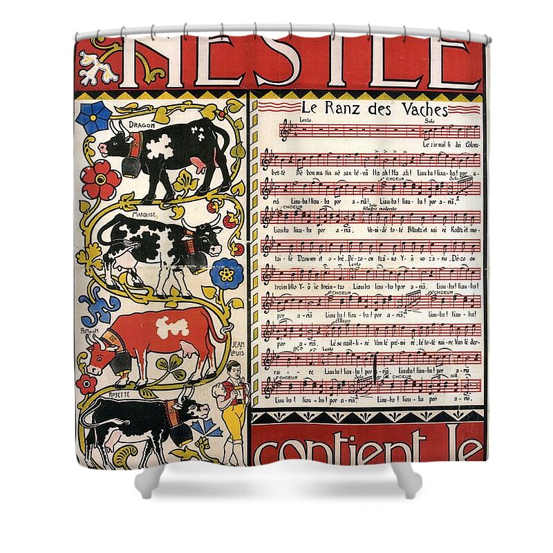 Best Swiss Milk Shower Curtain featuring the mixed media Farine Lactee Nestle - Contient Le Meilleur Lait Suisse - Vintage Advertising Poster by Studio Grafiikka