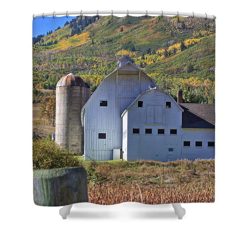Farm Shower Curtain featuring the photograph Farm in Autumn Colors by Brett Pelletier