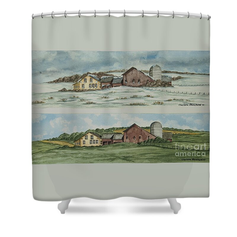 Winter Shower Curtain featuring the painting Farm Of Seasons by Charlotte Blanchard