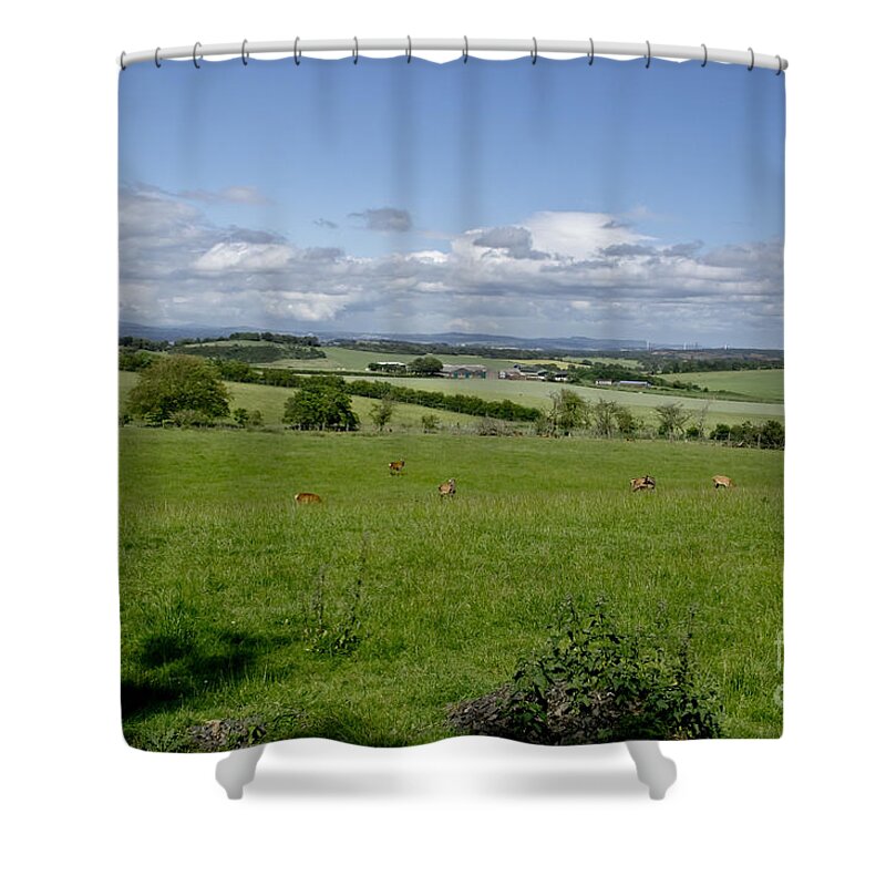 Beecraigs Shower Curtain featuring the photograph Farmland in Beecraigs. by Elena Perelman