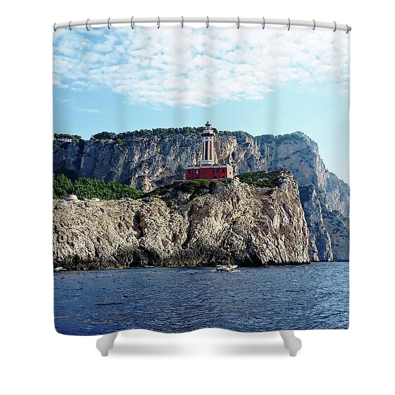 Europe Shower Curtain featuring the digital art Faro Lighthouse - Ise of Capri by Joseph Hendrix