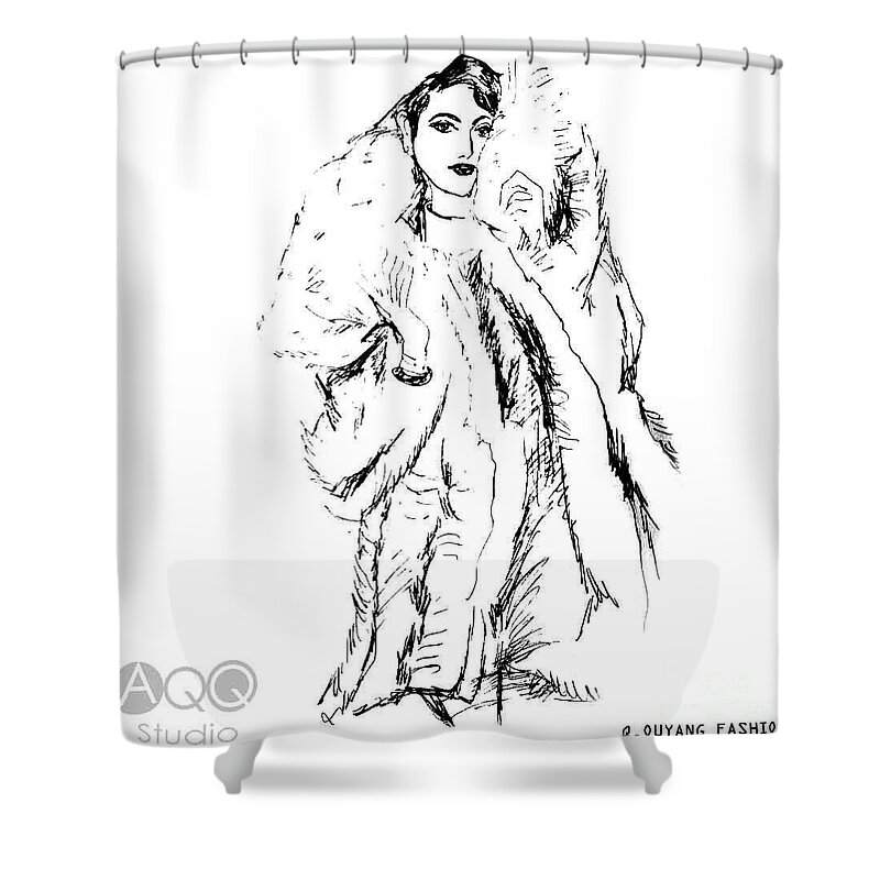 Fashion Illustration Shower Curtain featuring the painting Fashion Lady in Fur Coat by Leslie Ouyang