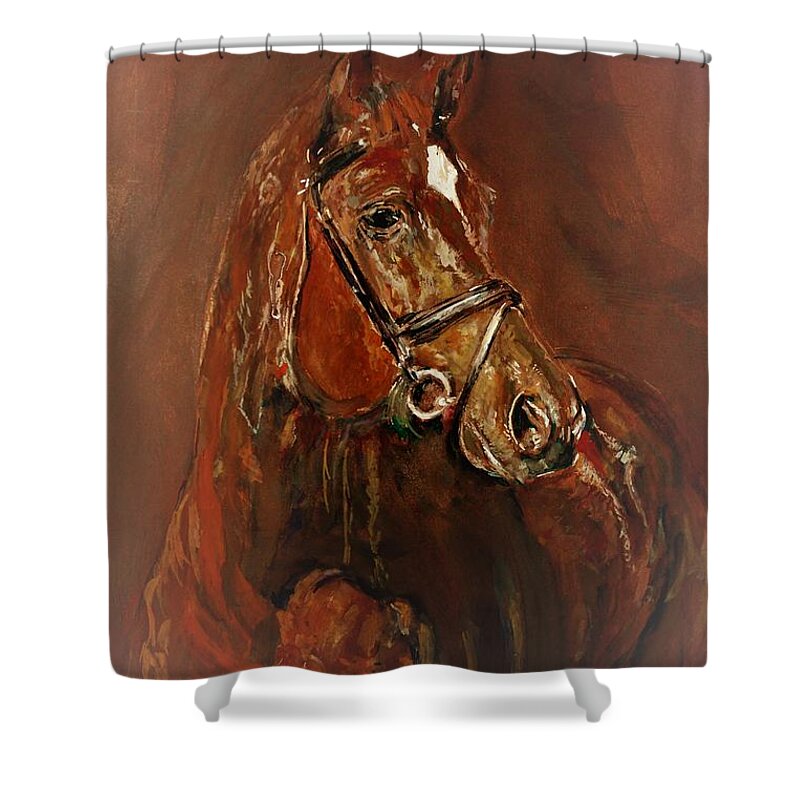 Horse Shower Curtain featuring the painting Fasten with a buckle by Khalid Saeed